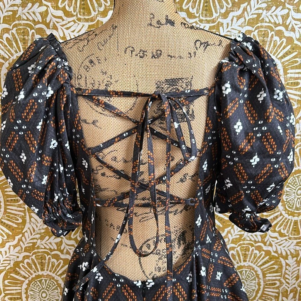 NWOT Autumn Adeigbo Camille Diamond Print Puff Sleeve Lace Up Back Mini Dress 8 - Picture 13 of 16